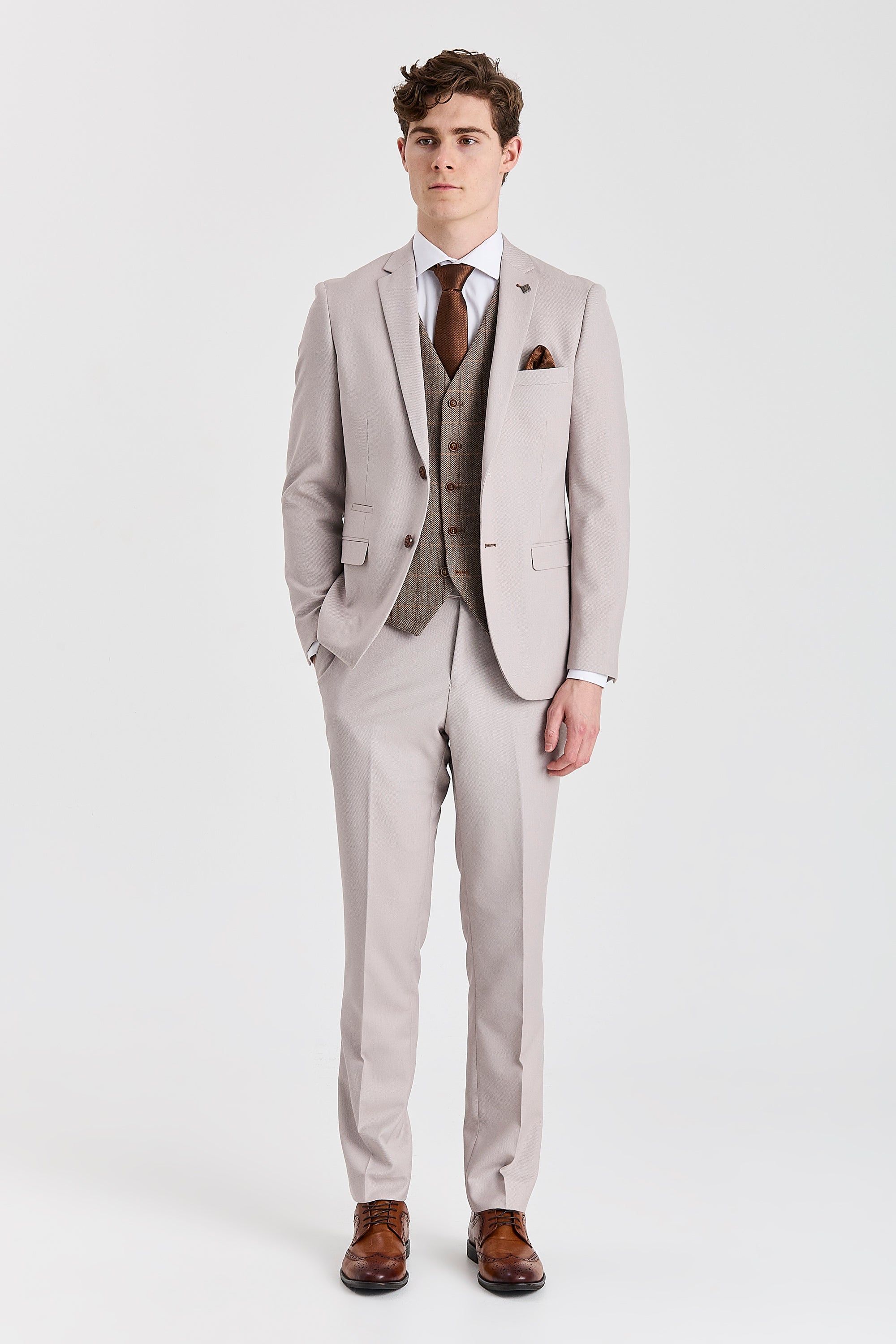 Mayfair Stone Textured Suit With Harris Brown Tweed Waistcoat