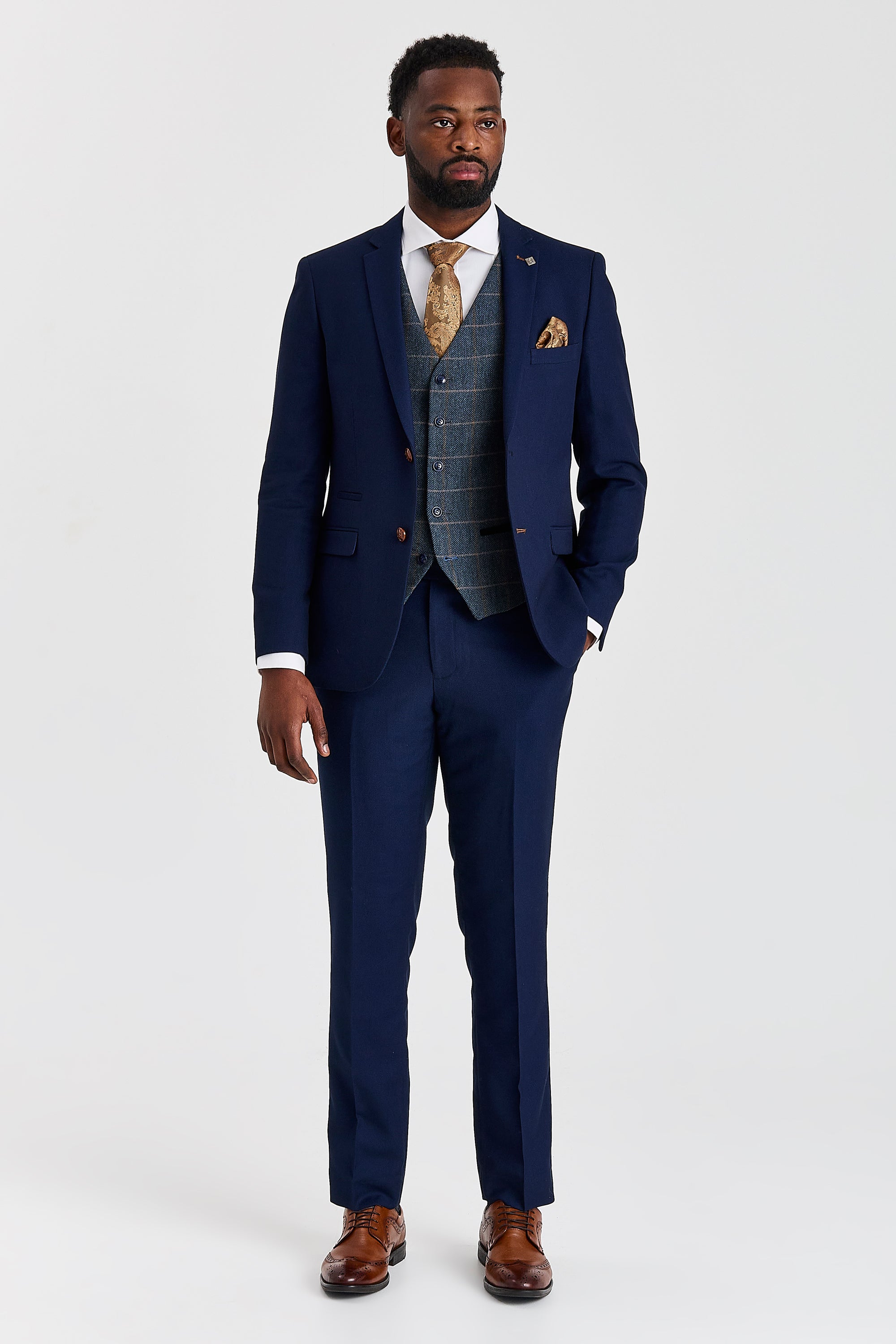 Mayfair Navy Textured Suit with Harris Navy Tweed Waistcoat