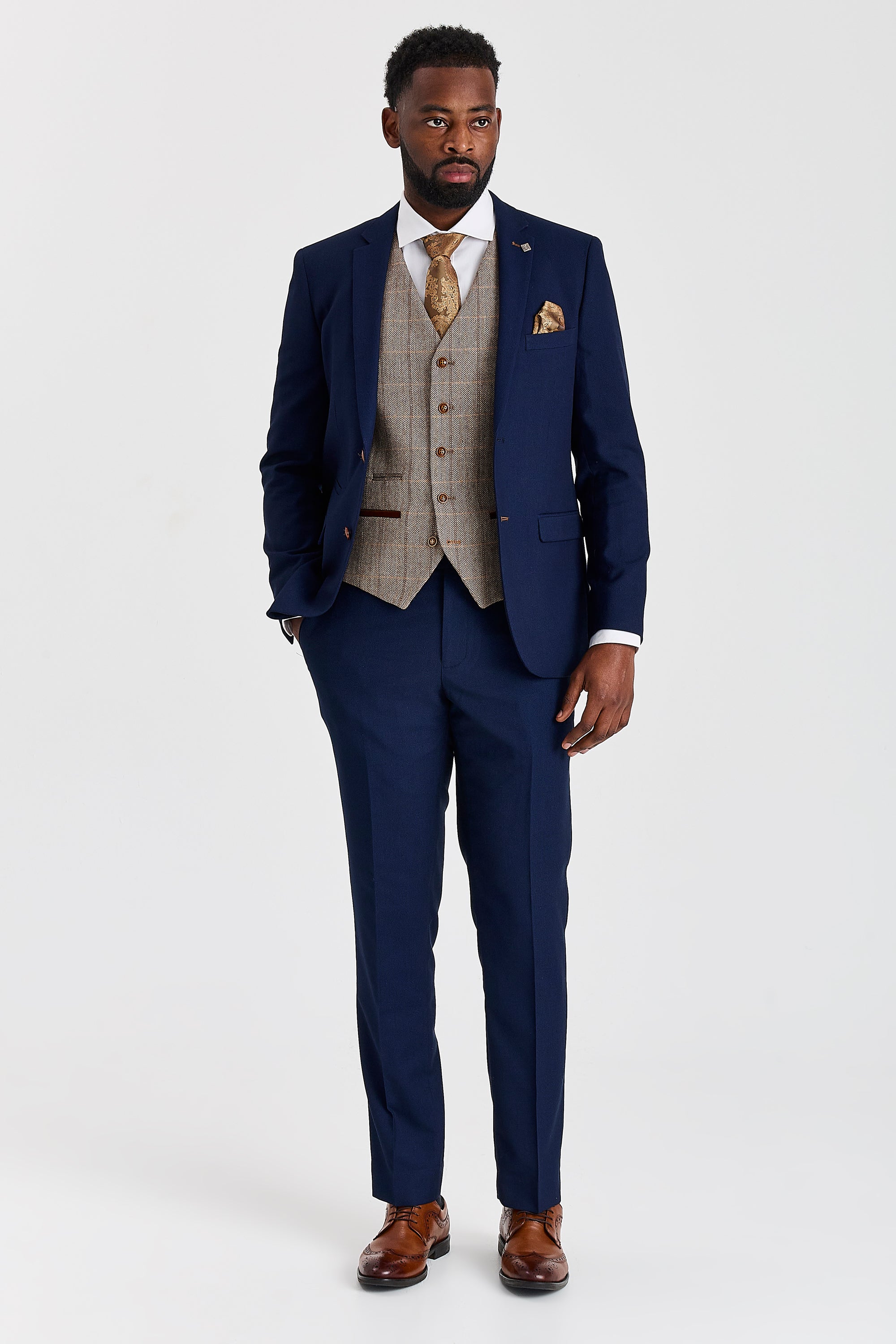 Mayfair Navy Textured Suit with Harris Brown Tweed Waistcoat