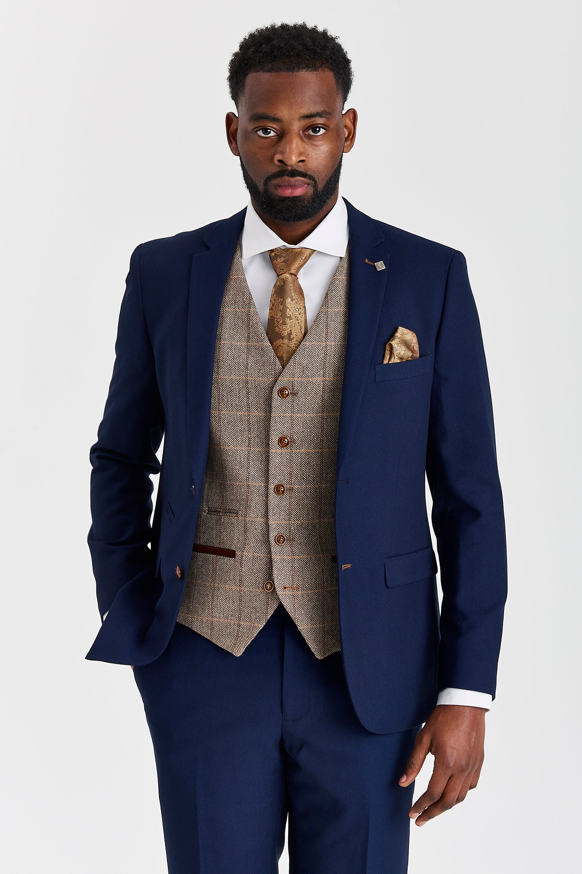 Mayfair Navy Textured Suit with Harris Brown Tweed Waistcoat