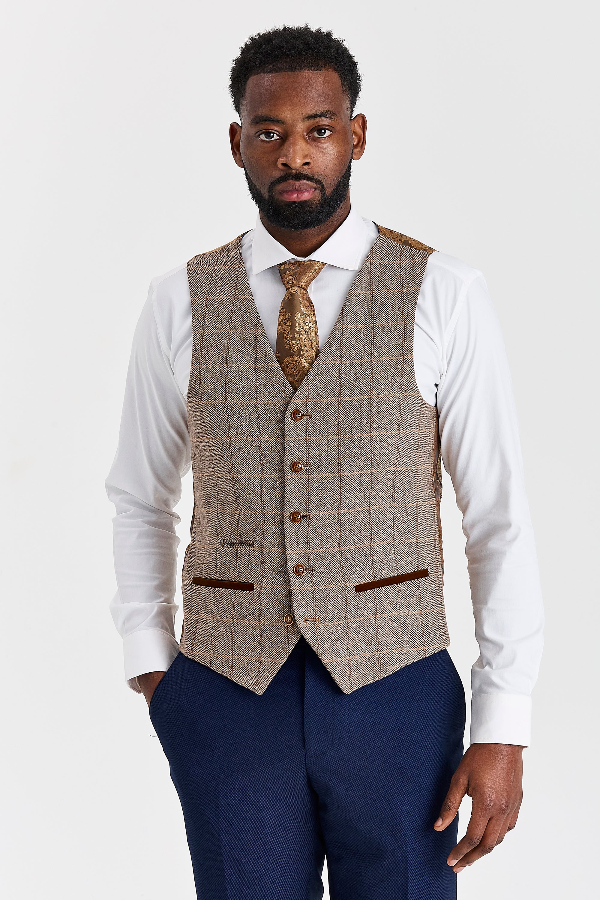 Mayfair Navy Textured Suit with Harris Brown Tweed Waistcoat