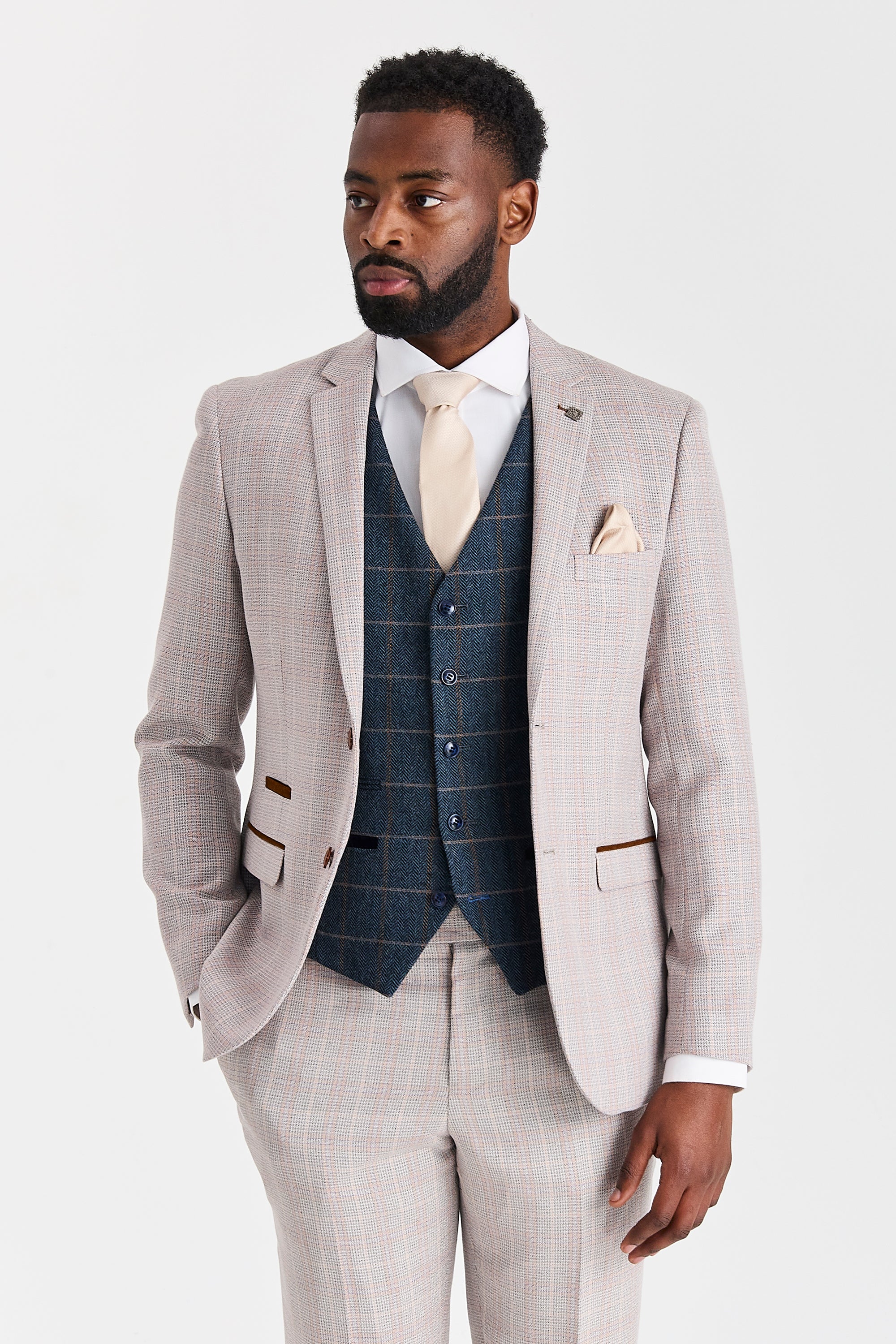 Leo Beige Suit with Harris Navy Tweed Waistcoat