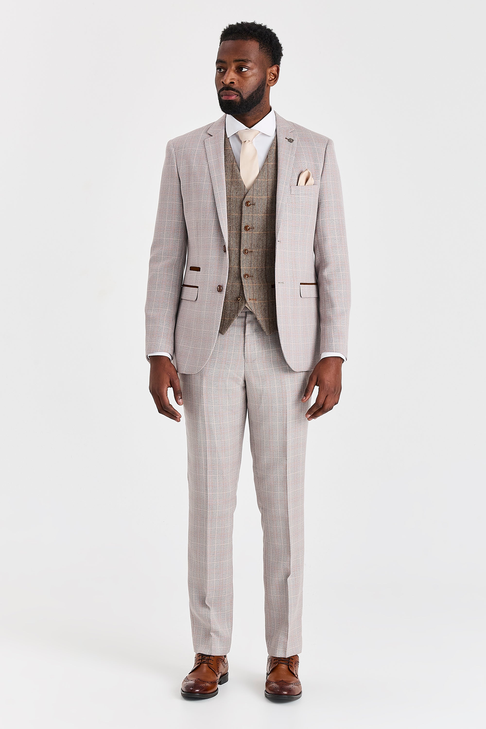 Leo Beige Suit with Harris Brown Tweed Waistcoat