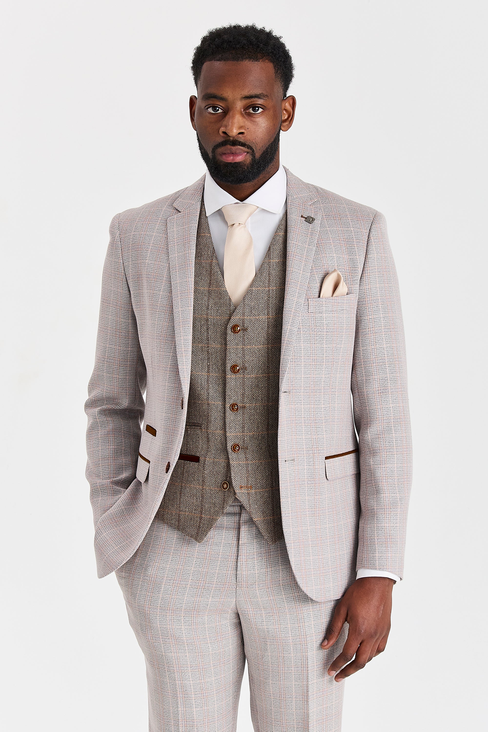 Leo Beige Suit with Harris Brown Tweed Waistcoat