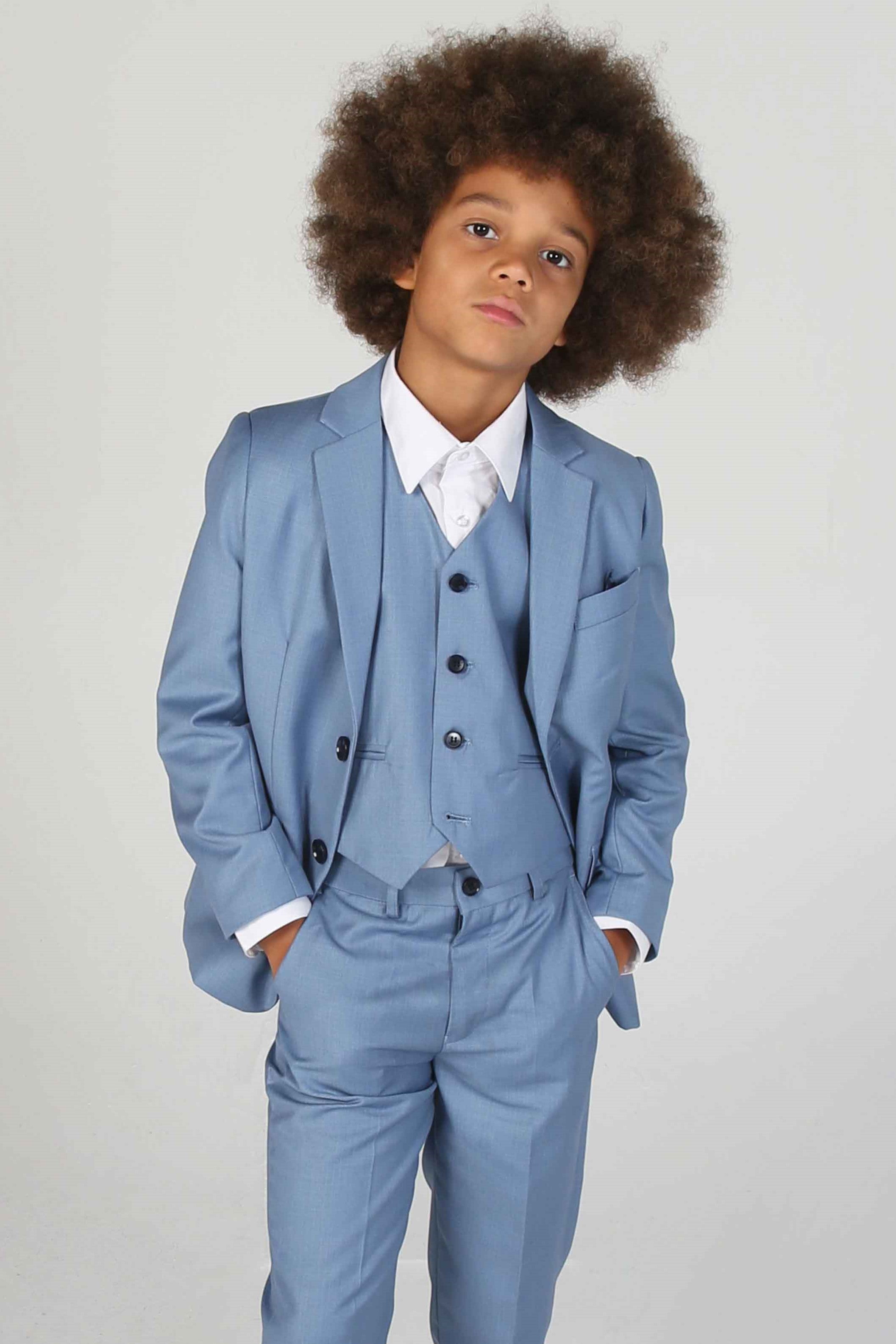 Device - Boy's Charles Blue Three Piece Suit - Infuse timeless charm into your young gentleman's wardrobe with this classic blue three-piece suit from Device, marrying elegance with contemporary style.