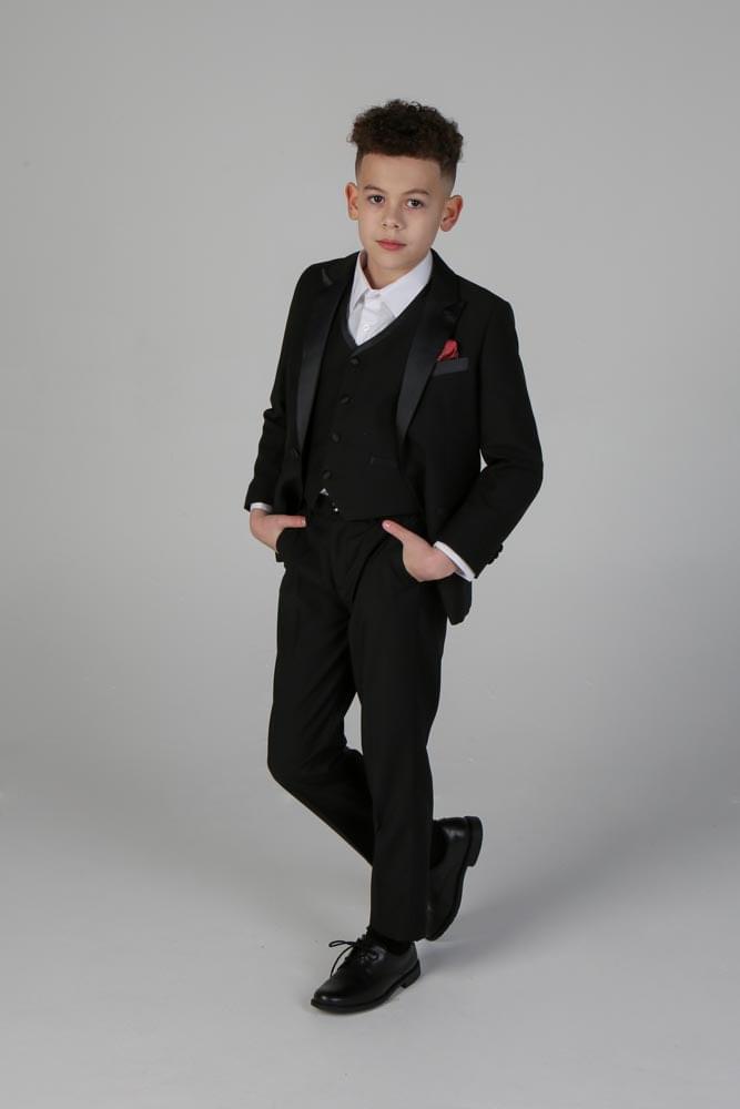 Device - Boy's Harry Black Three Piece Suit - Infuse timeless charm into your young gentleman's wardrobe with this classic black three-piece suit from Device, offering sophistication in every detail