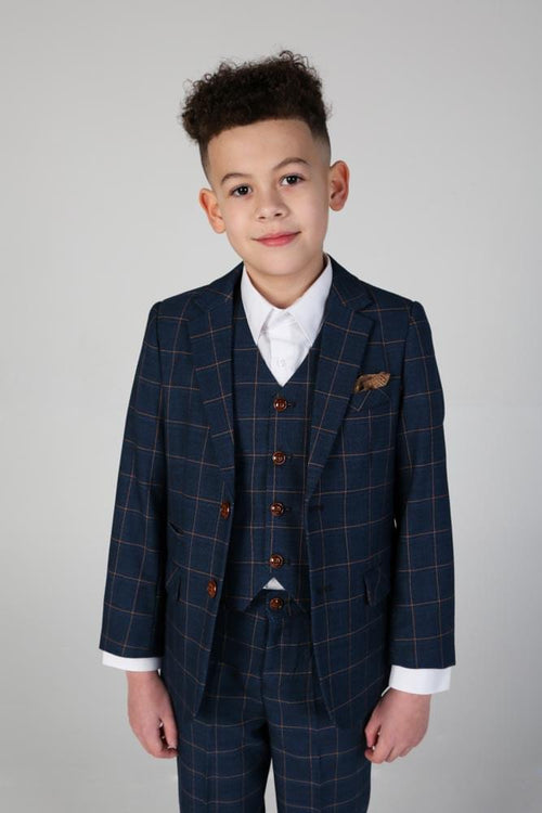 Device - Boy's Hamleys Navy Three Piece Suit - Elevate your little gentleman's charm with this navy three-piece suit from Device, blending sophistication with youthful elegance.