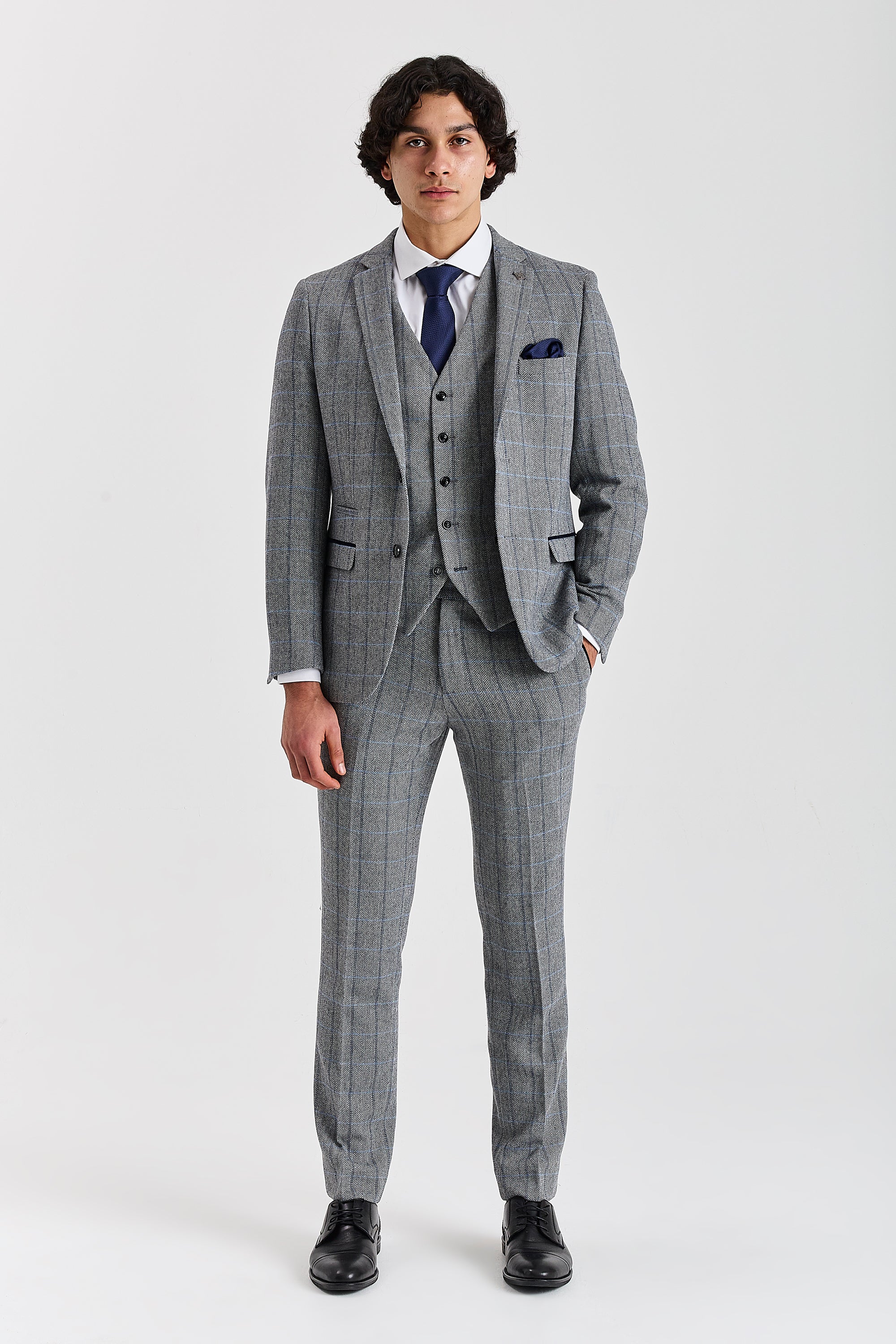 Harris Grey Herringbone Tweed Check Three Piece Suit