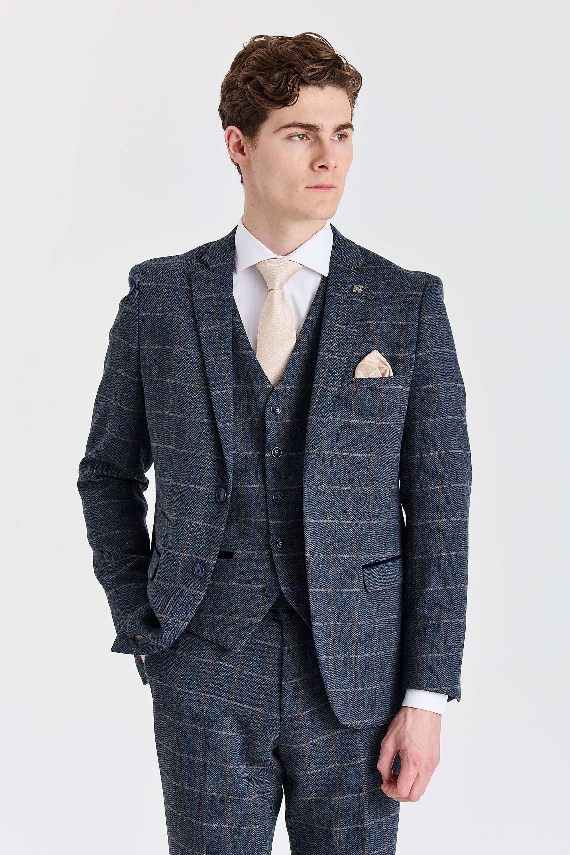 Harris Navy Herringbone Tweed Check Three Piece Suit
