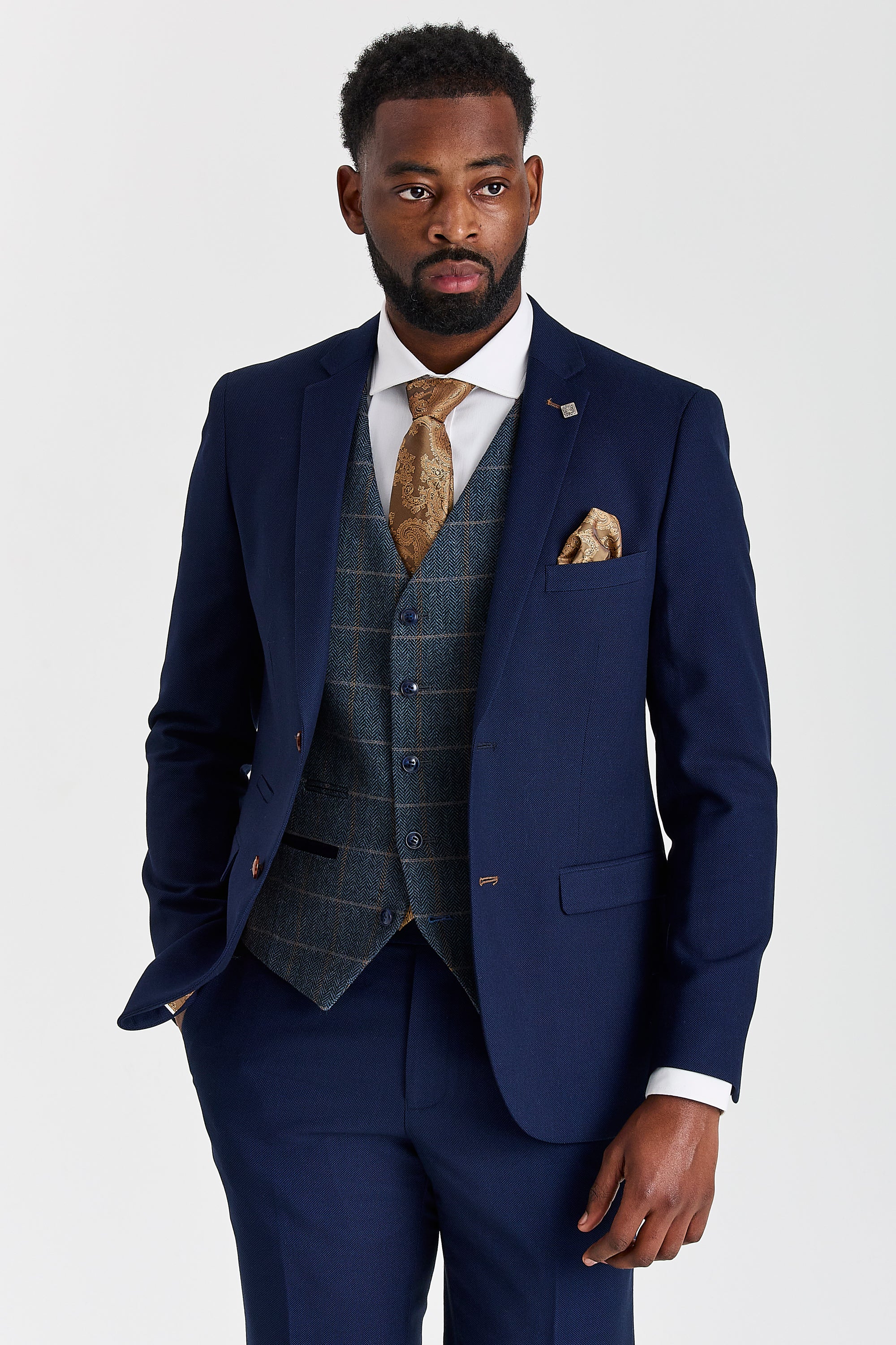 Mayfair Navy Textured Suit with Harris Navy Tweed Waistcoat