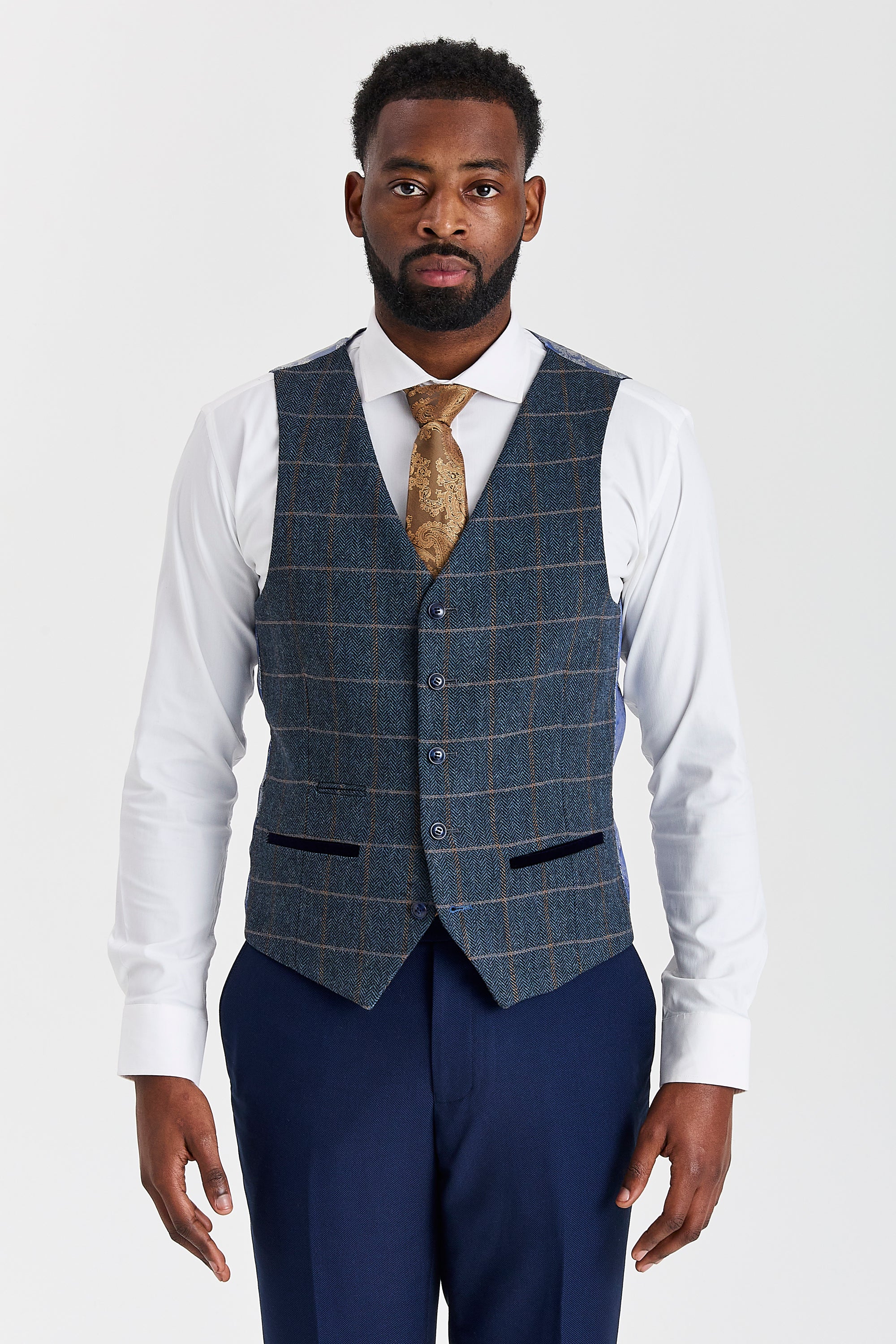 Mayfair Navy Textured Suit with Harris Navy Tweed Waistcoat