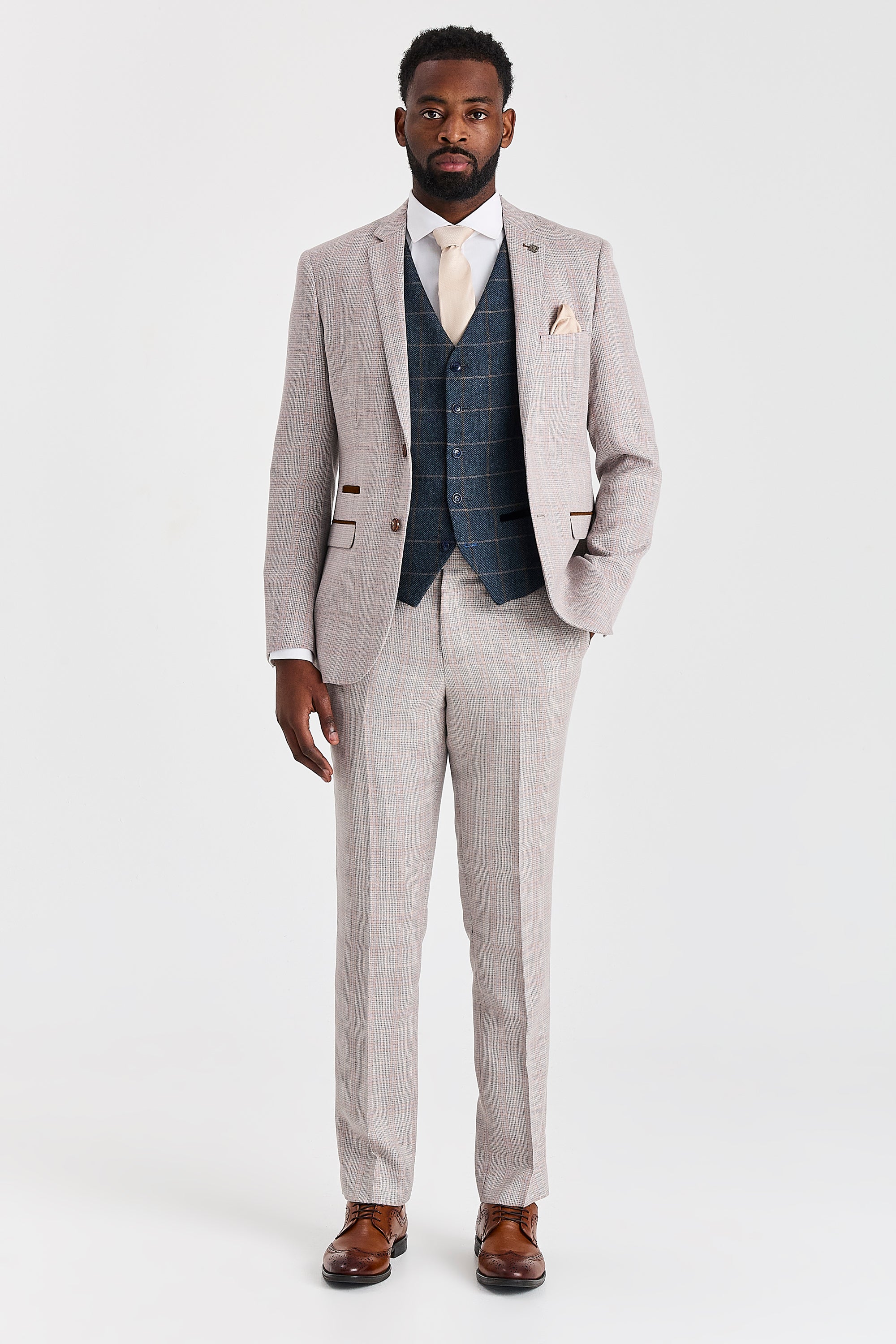 Leo Beige Suit with Harris Navy Tweed Waistcoat