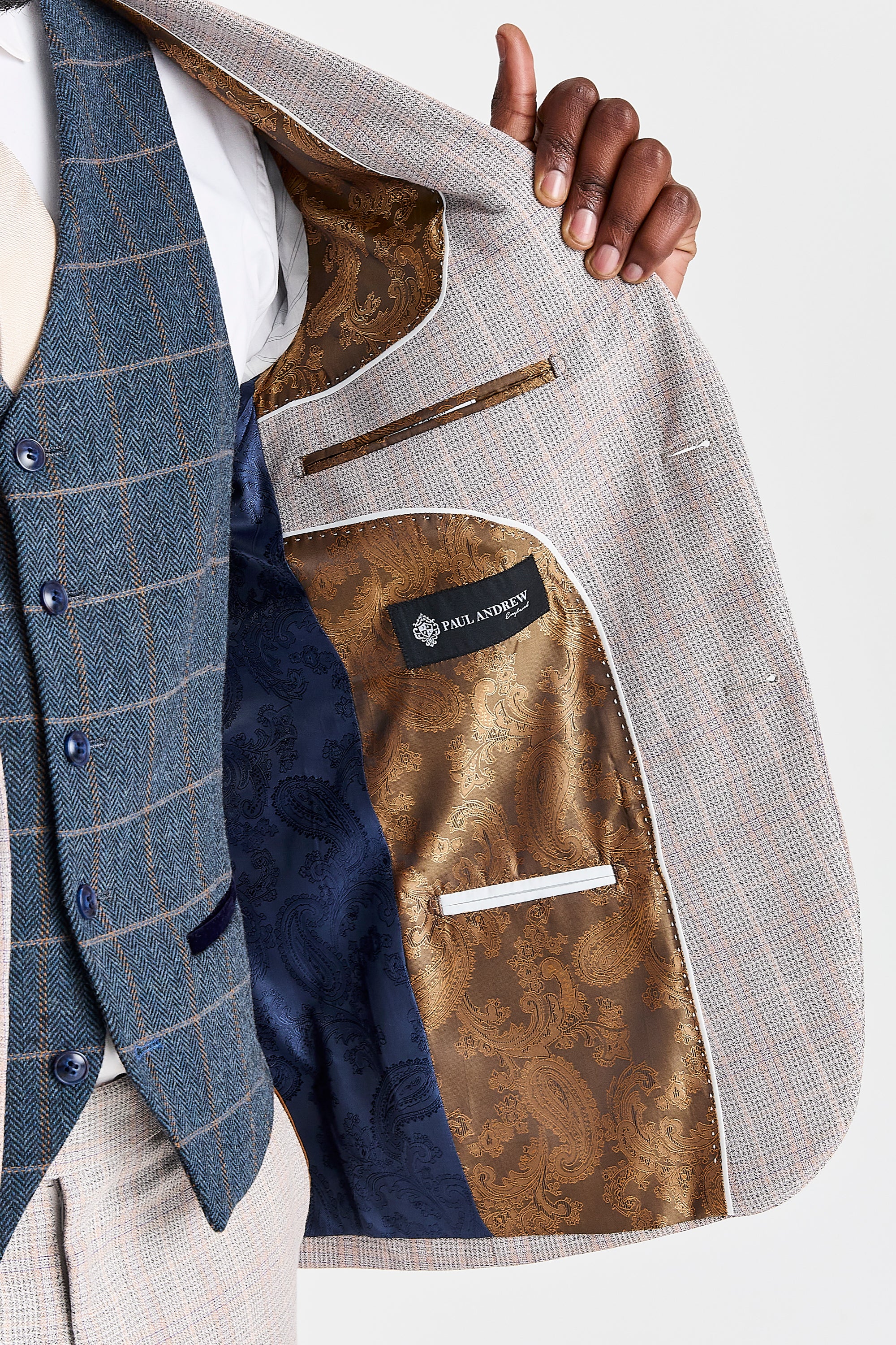 Leo Beige Suit with Harris Navy Tweed Waistcoat