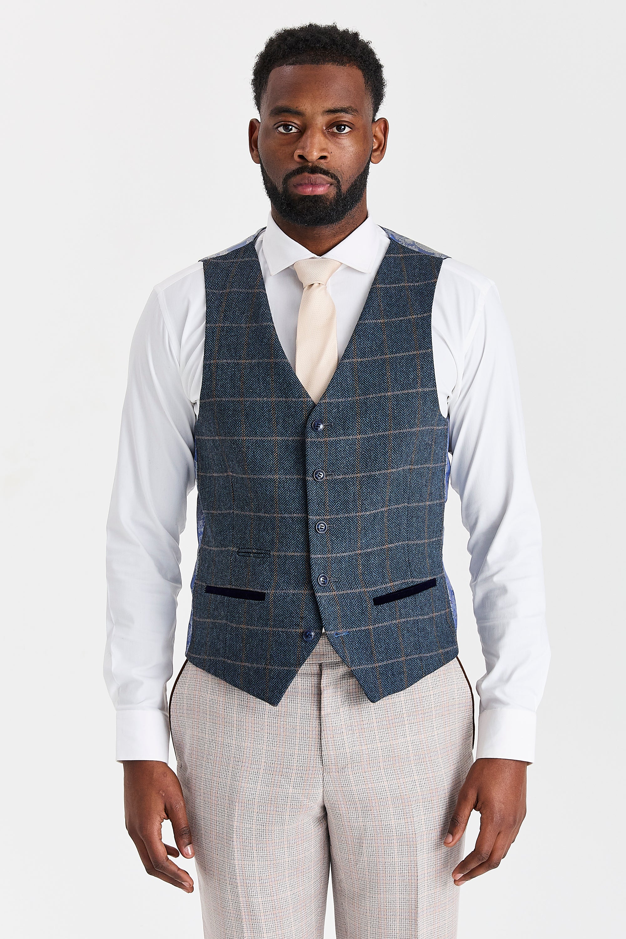 Leo Beige Suit with Harris Navy Tweed Waistcoat