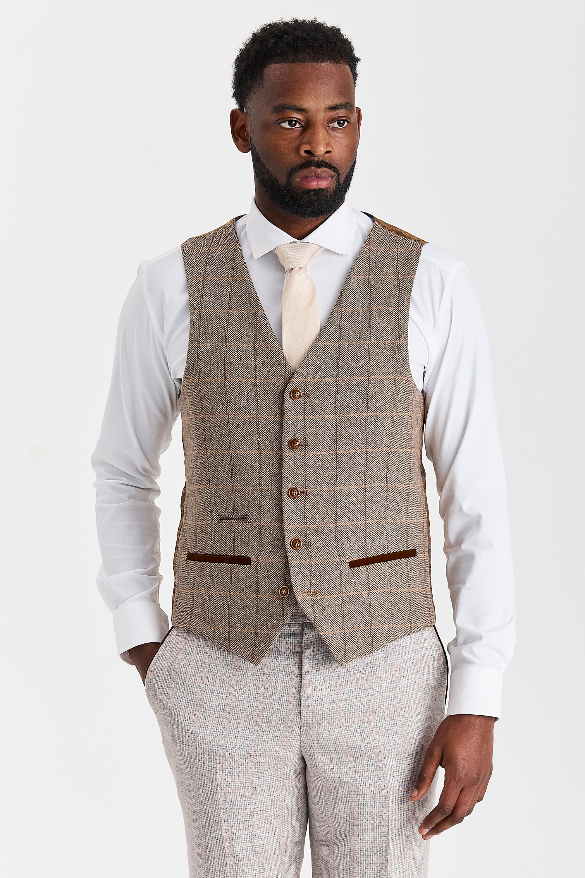 Leo Beige Suit with Harris Brown Tweed Waistcoat