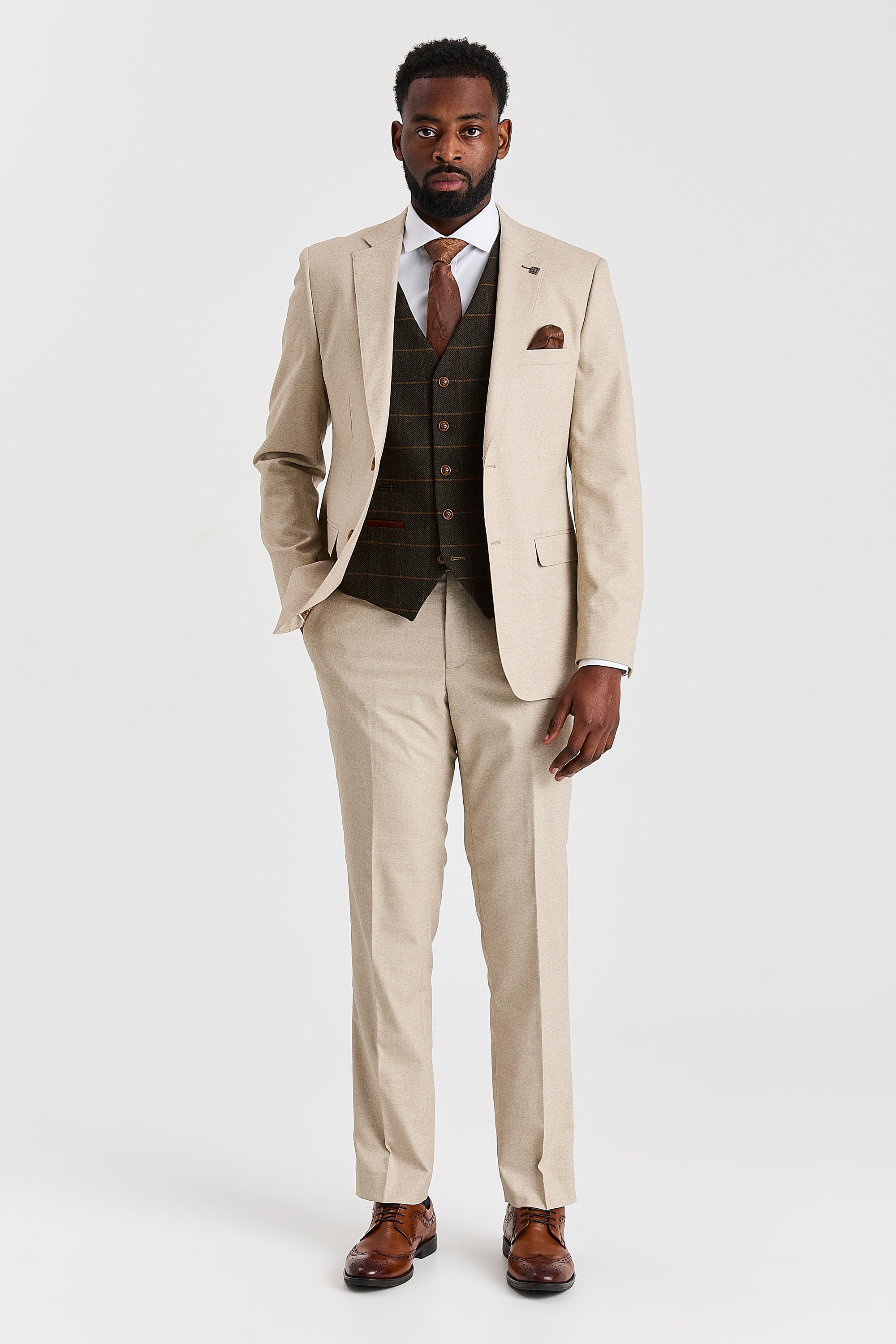 Belmont Beige Suit with Harris Green Tweed Waistcoat