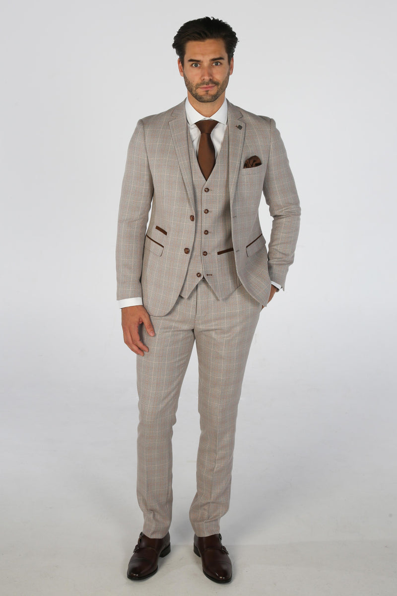 Leo Beige Check Three Piece Suit