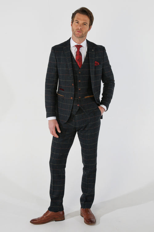 Thomas Navy Tweed Check Three Piece Suit