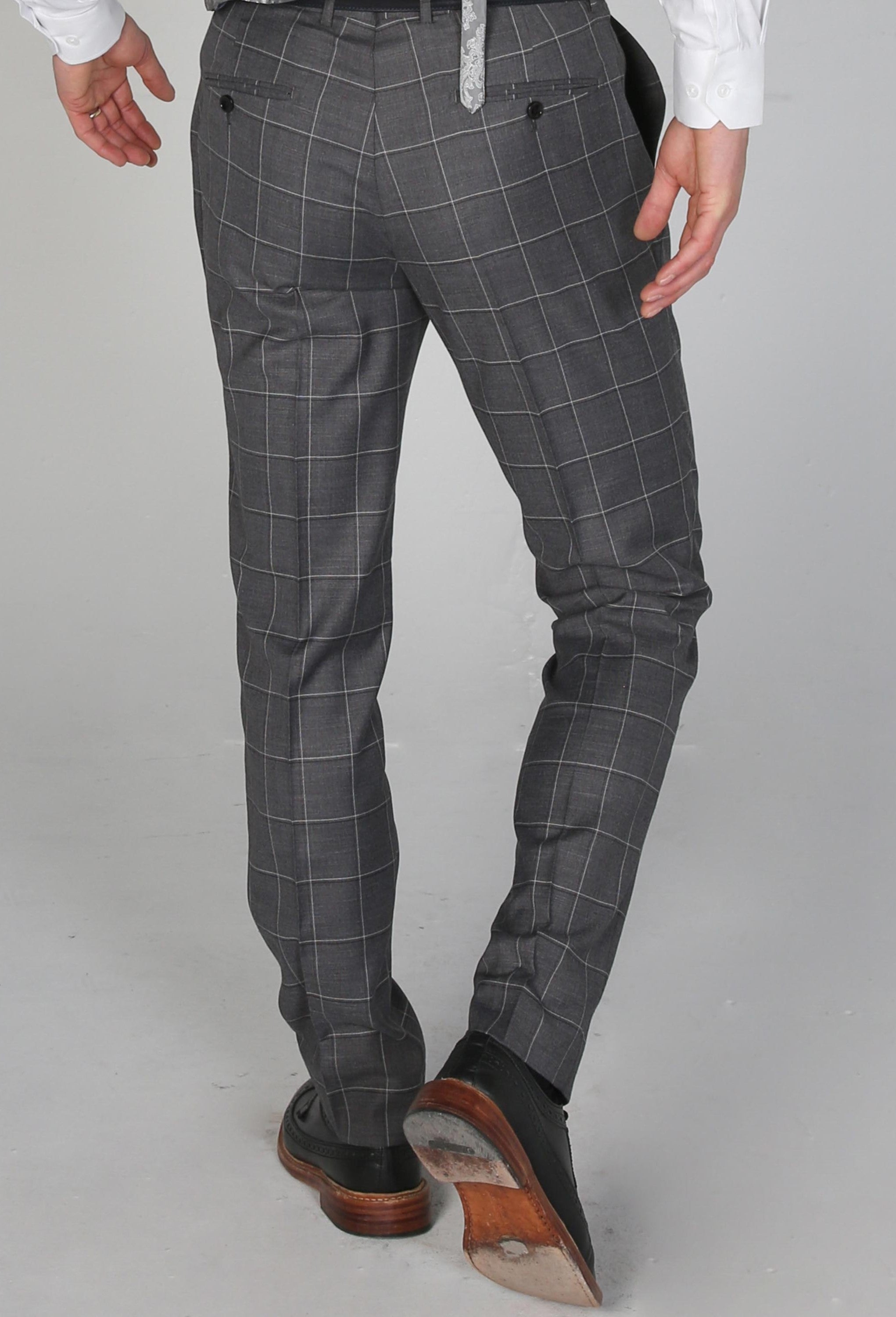 Father Sons Slim Formal Large Silver Grey Check Stretch Trousers - FST